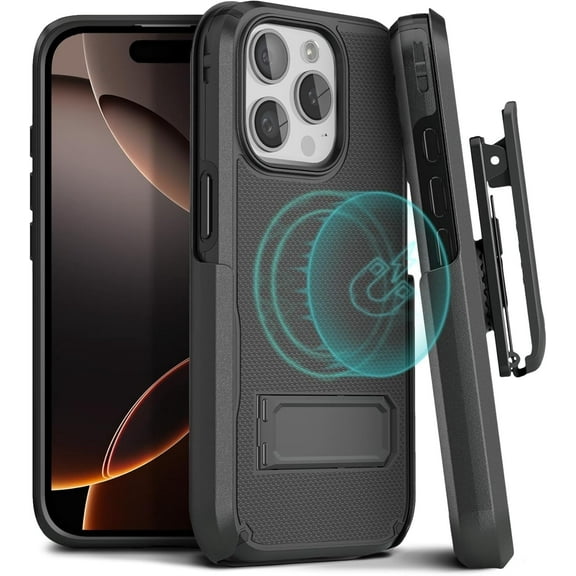 MOTIVE iPhone 16 Pro Max Case with Clip & Kickstand, Magnetic, Shockproof, 6.9" | Black V2