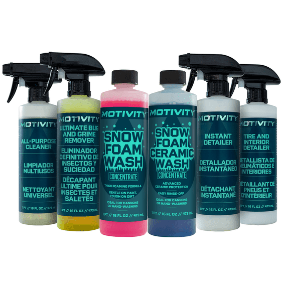 MOTIVITY Finish & Detail Kit - Tire & Interior Detailer, Instant Detailer, Ultimate Bug & Grime Remover, All-Purpose Cleaner Sprays, Ceramic & Concentrated Snow Foam