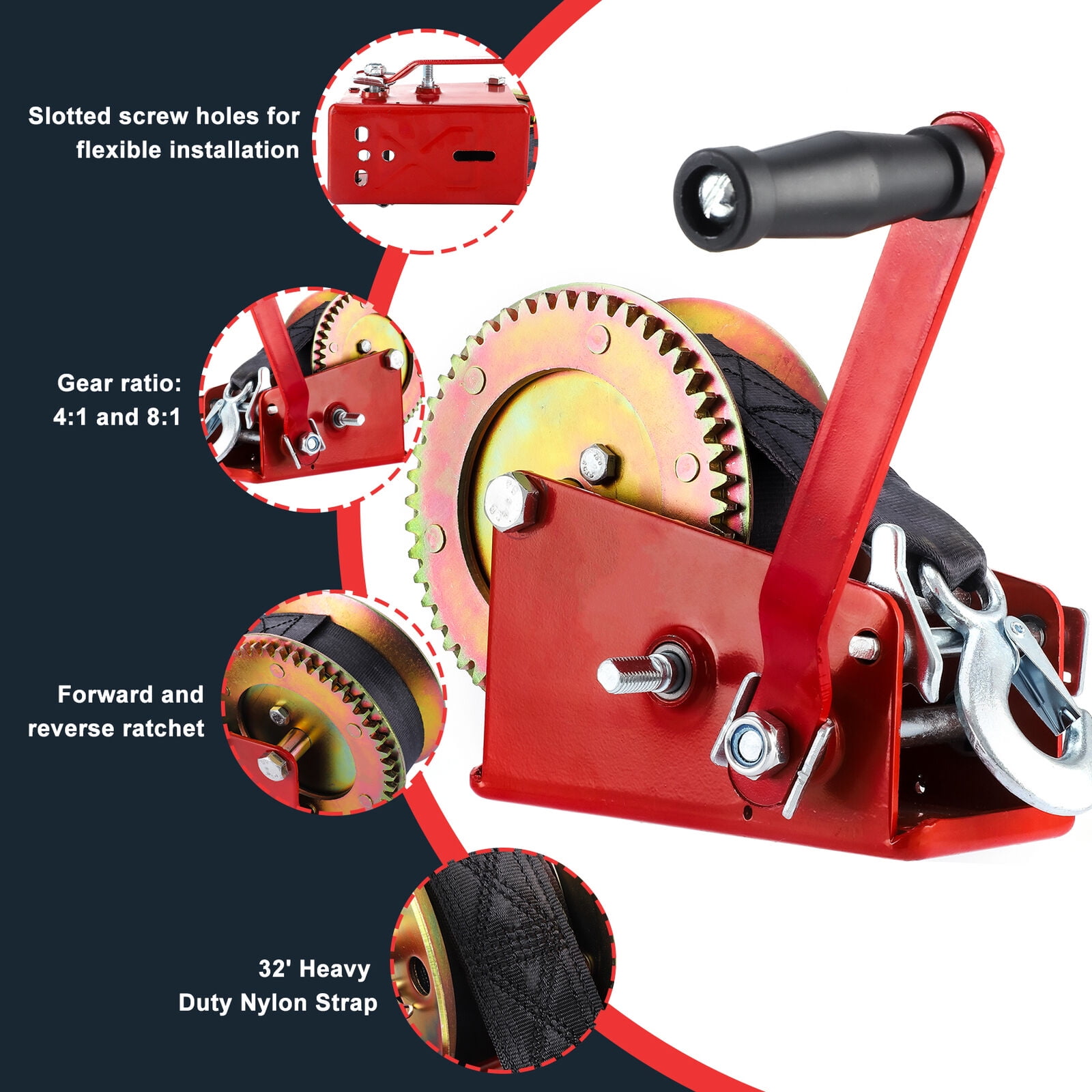 MOTMAX Hand Winch, 3500 lbs Boat Trailer Winch TwoWay Ratchet, Red