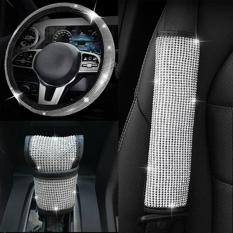 MOTMAX Universal Crystal Rubber Steering Wheel Cover Seat Belt Cover Shift Lever Cover with Bling Rhinestones 15
