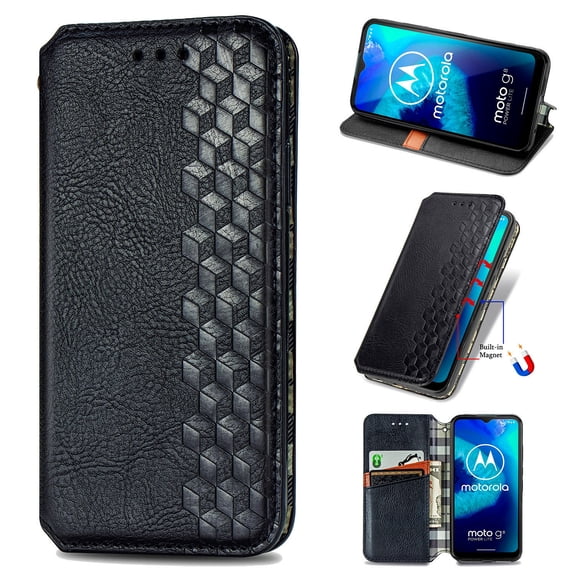 MOTO G8 Power lite Case, PU Leather TPU Wallet Cover with Card Holder Kickstand Hidden Magnetic Adsorption Shockproof Flip Folio Cell Phone Case for Motorola G8 Power lite 6.5 inch, Black