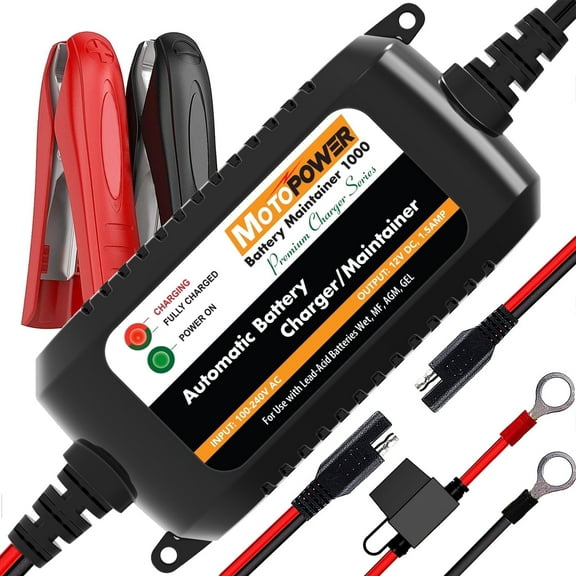 MOTOPOWER 12V 1.5Amp Automatic Battery Charger, Battery Maintainer for Cars, Motorcycles, ATVs, RVs, Powersports