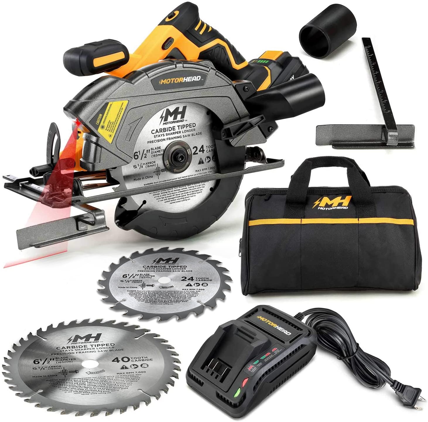 MOTORHEAD 20V ULTRA 6 1 2 Cordless Circular Saw Lithium Ion Laser LED Edge Guide 0 50 Bevel Cutting Depth 2 1 4 0 1.65 45 2Ah Battery Quick Charger Bag 2 Blades 24T 40T USA Based Walmart