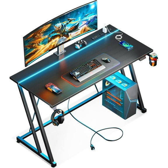 MOTPK 47 Inch Gaming Desk with LED Lights & Power Outlet, Computer Desk for Small Space, Gaming Table with Carbon Fiber Texture, Kids Desk Gift for Boys Men, Black