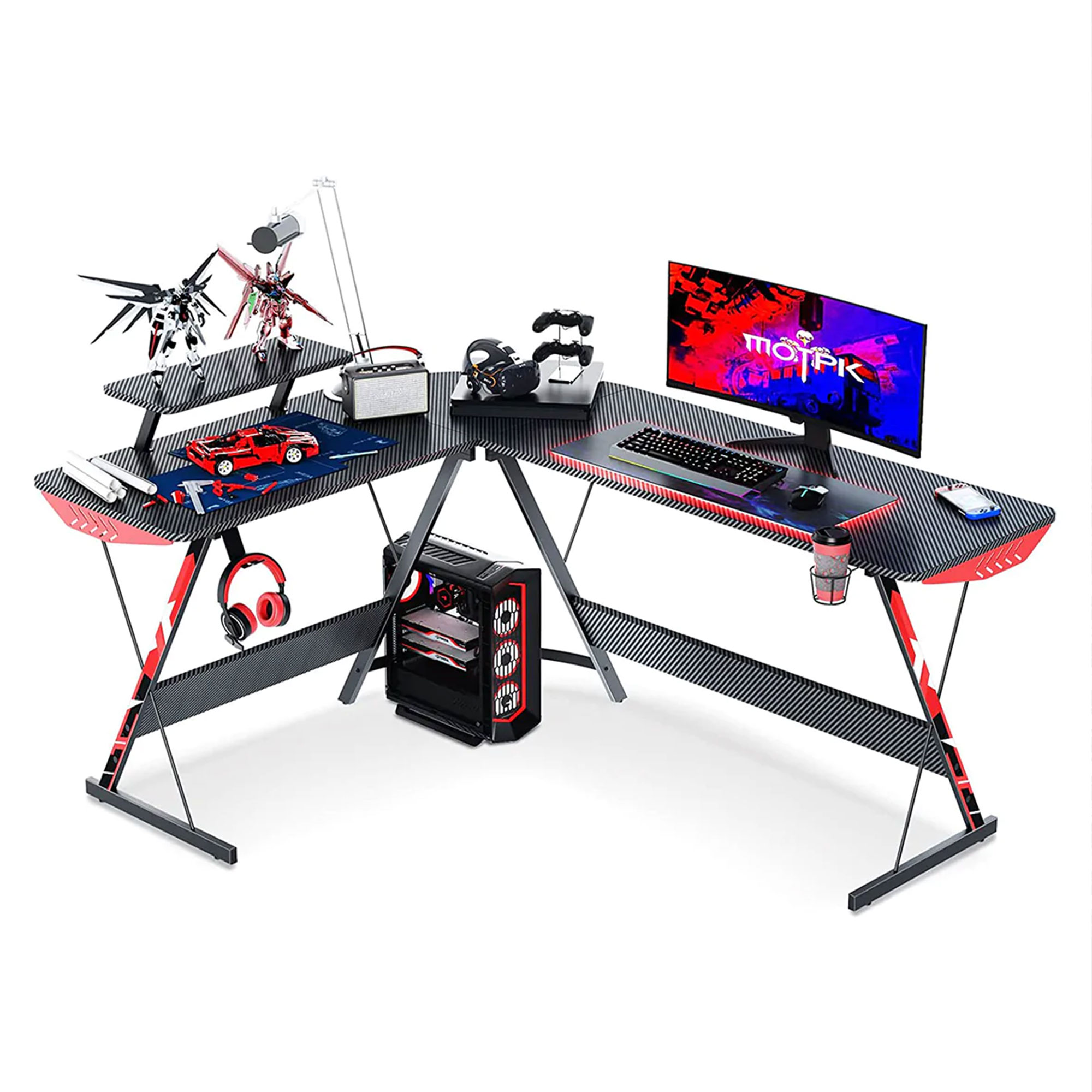 MOTPK 58 Inch L Shaped Carbon Computer Gaming Desk w/ Monitor Shelf