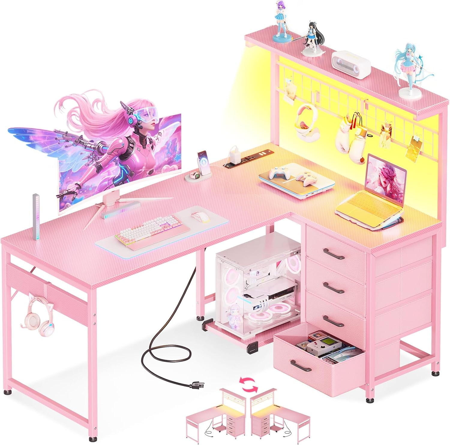 MOTPK L Shaped Gaming Desk with Drawers & LED Light & Power Outlet, 43" Reversible Computer Table with Shelves & Hooks for Home Office, Carbon Fiber Pink