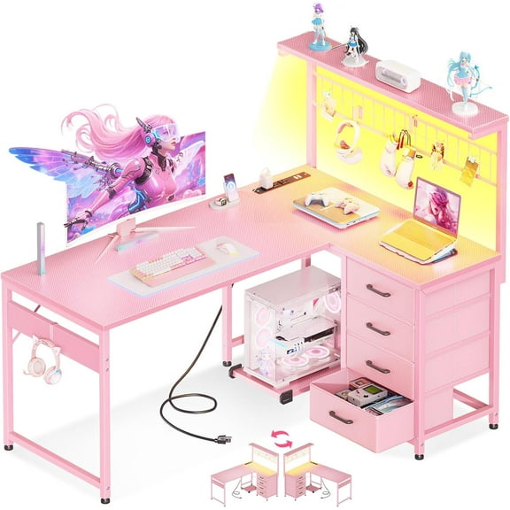 MOTPK L Shaped Gaming Desk with Drawers & LED Light & Power Outlet, 43" Reversible Computer Table with Shelves & Hooks for Home Office, Carbon Fiber Pink