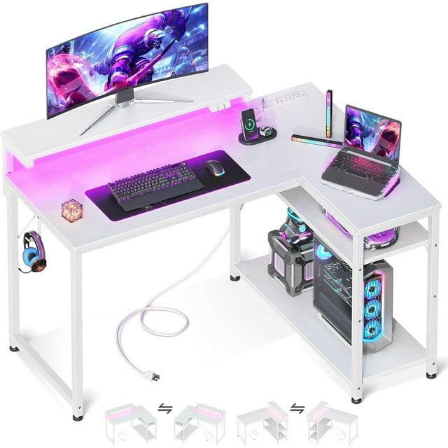MOTPK White L Shaped Gaming Desk with Power Outlet, Reversible Computer Desk with Height Adjustable Monitor Stand, Coner Desk 43inch with LED Lights, Home Office Desk