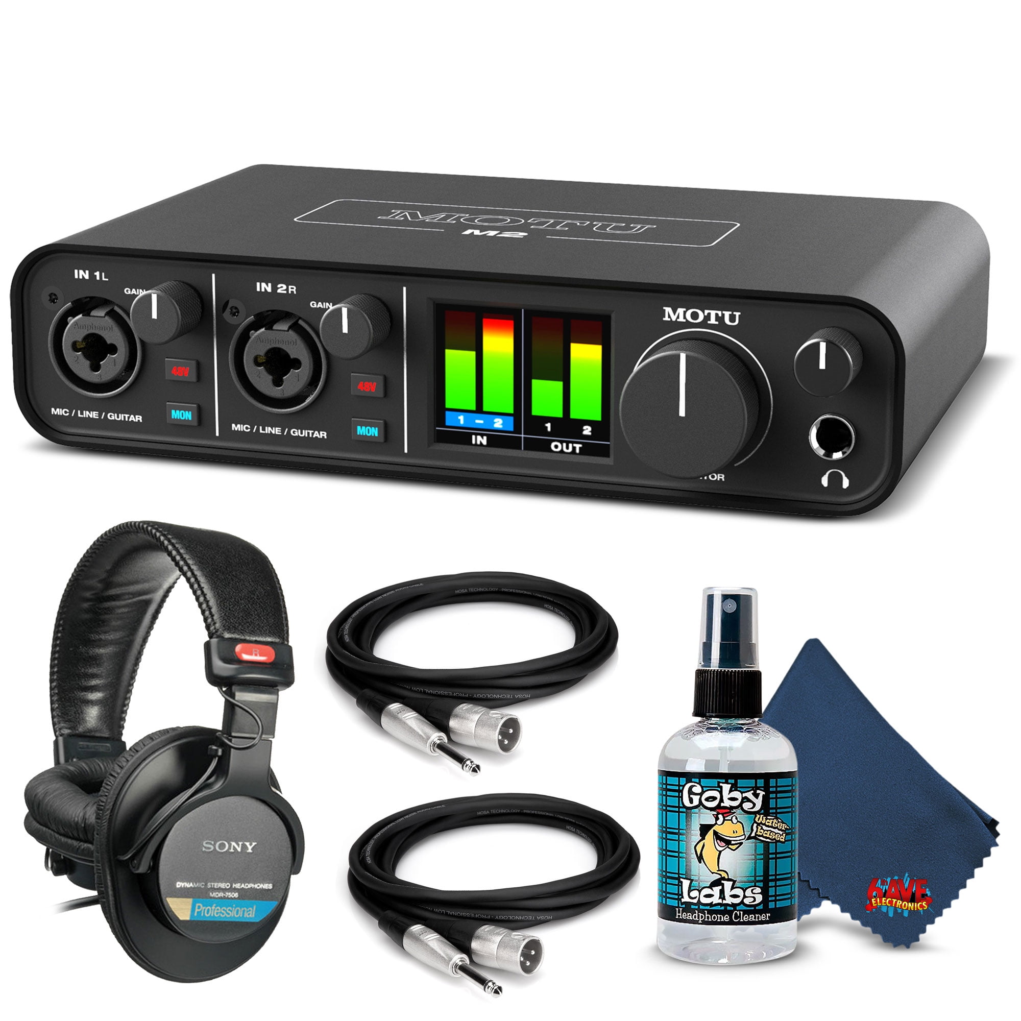 MOTU M2 2x2 USB-C Audio Interface Bundle with Headphone, XLR Cables, and  6Ave Cleaning Kit 