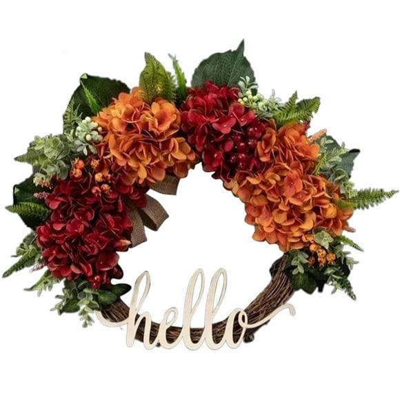 MOUDUO Home Essentials Front Door Wreath Fall Wreath Fall Wreath Orange Red Hydrangea Wreath Handmade Wreath Hello Wreath Farmhouse Wreath（16in） Home Ornament （Red）