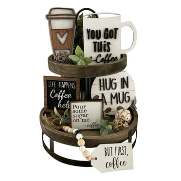MOUDUO Home Ornament Coffee Bar Decoration Farmhouse Layered Tray Decoration Wood Logo Coffee Cup Wood Pearl Ring Rural Layered Tray Kitchen Table Decoration Home Decor