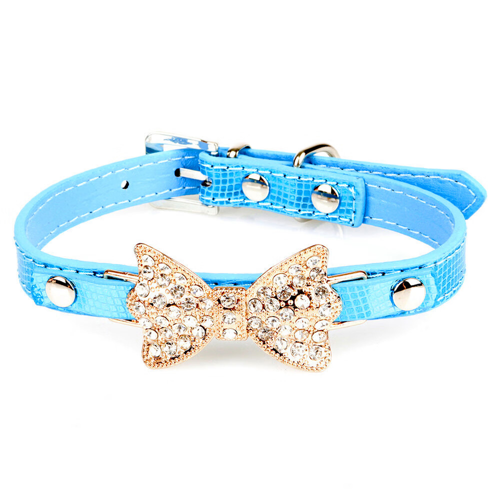 MOUIND Gold Bling Diamond Giltter Leather Fashion Collar with Ring for Tags  for Small Dogs,Cat,Puppy and Kitty Walking Travel Party Gifts, Poodle Dog,Bulldog  and Yorkshire Terrier (XS, Blue) 