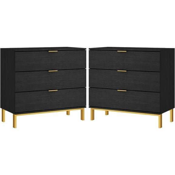 MOUMON Black and Gold Nightstands Set of 2 Side Table Bedside Table 3 Drawer Dresser, Large Nightstand with Gold Metal Legs, Modern & Contemporary, for Bedroom (31.5”w x 15.7”D x 29.7”H)