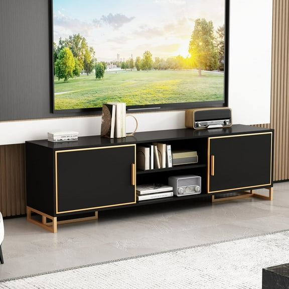 MOUMON TV Stand for TVs up to 75, Media Console with Cabinets, Shelf, Black TV Console Table with Gold Handles and Legs, Modern Entertainment Center for Living Room, 15.7D x 70.9W x 20.9H