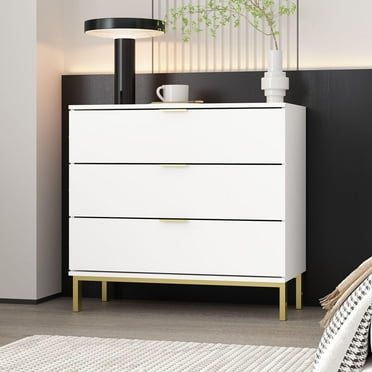 MOUMON White and Gold Nightstand Side Table Bedside Table 3 Drawer Dresser, Large Nightstand with Gold Metal Legs, for Bedroom (31.5”w x 15.7”D x 29.7”H)