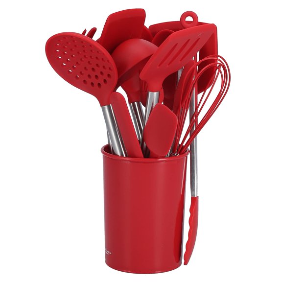 MOUMOUTEN Silicone Kitchen Utensils, 15Pcs Cooking Utensils Set, Non Stick Heat Resistant Rubber Kitchen Tools with Storage Bucket, Stainless Steel Handle(Red) Y101