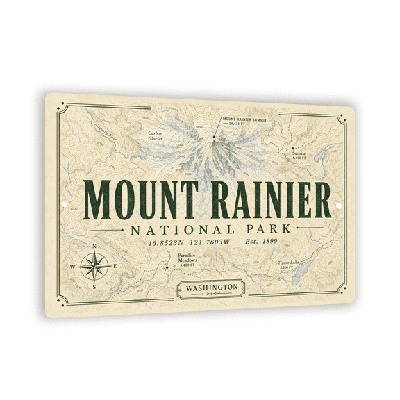 "MOUNT RAINIER NATIONAL PARK" Aluminum Sign - Topographic Map Style - 8"x 12" National Park Wall Art For Park Lovers & Outdoor Enthusiasts