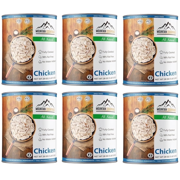 Mountain Essentials Fully Cooked Canned Chicken, 28 oz Can Ready to Eat White Meat Shelf Stable Made in USA pack of 6