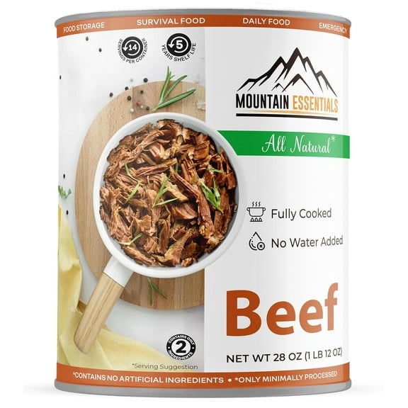 MOUNTAIN ESSENTIALS All Natural Canned Beef 28 Oz Fully Cooked, Ready to Eat, Gluten Free Canned Meat for Daily Use, Emergency, Survival & Camping 5-Year Shelf Life Made in USA Pack of 1