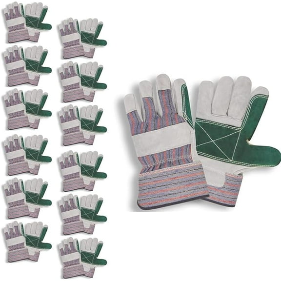 Mountain Essentials Leather Work Gloves, Large Size (12-Pack) Split Cowhide Palm, Reinforced Joint Palm, Safety Cuff, Heavy-Duty Gloves for Construction, Welding & Warehouse Use