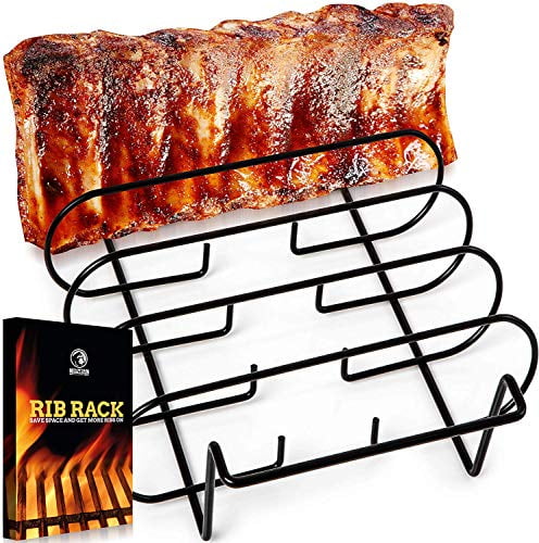Black Stainless Steel BBQ Rib Rack for Grilling and Smoking