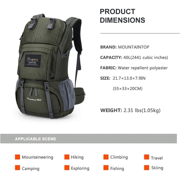 MOUNTAINTOP 40L Hiking Backpack Lightweight Travel Backpack for Men&Women Outdoor Camping Backpacking