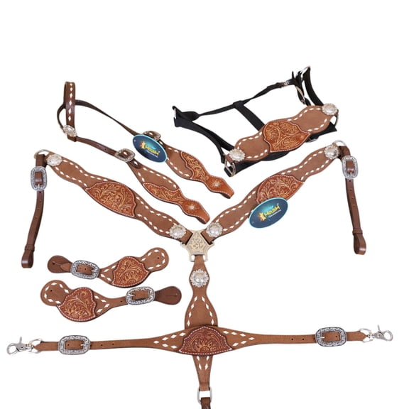 MOUSM 5-Piece Western Horse Tack Set | Genuine Argentina Cow Leather | Hand Tooled Floral Carving, White Buck Stitching & Floral Conchos (Wither Strap, Spur Strap, Bronc Halter & Headstall Set)