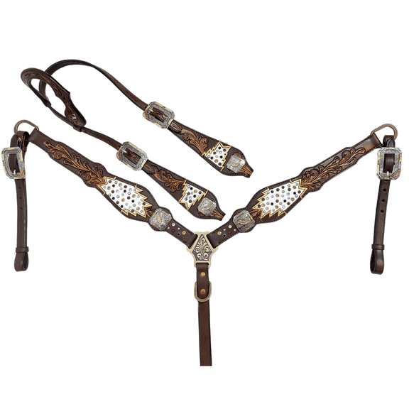 MOUSM Argentina Cow Leather One Ear Headstall and Breast Collar & Cheek Piece Set - Hand Carving with Topaz, Clear, and Black Rhinestones
