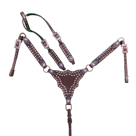Western Leather Headstall and Breast Collar Tack Set for Horses with White Rawhide Buck Stitching and Copper Studs Detailing, Argentine Cow Leather