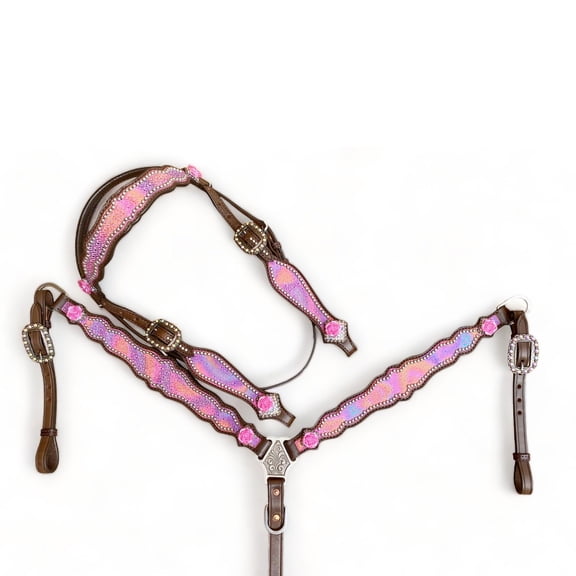 MOUSM Argentina Cow Leather Western Breast Collar and Headstall Set for Horses, Pink Roses Design for Valentine