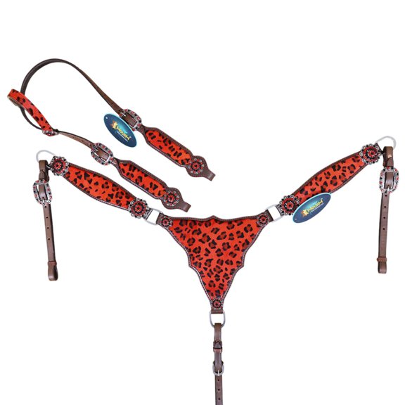 MOUSM Cheetah Headstall & Breast Collar Tack Set Gladiator Style with Leopard Print on Leather | Genuine Argentine Cow Leather | Antique Nickel Hardware & Copper Rivet Buckles (Red)