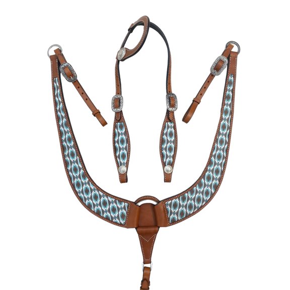 MOUSM Genuine Argentina Cow Leather Headstall Breast Collar Set Decorated with Aztic Print Inlay
