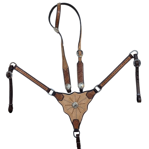 MOUSM Genuine Argentina Cow Leather One Ear Headstall Bridle Breast Collar Set - Decorated with Nickel and Copper Studs and Hand-Tooling