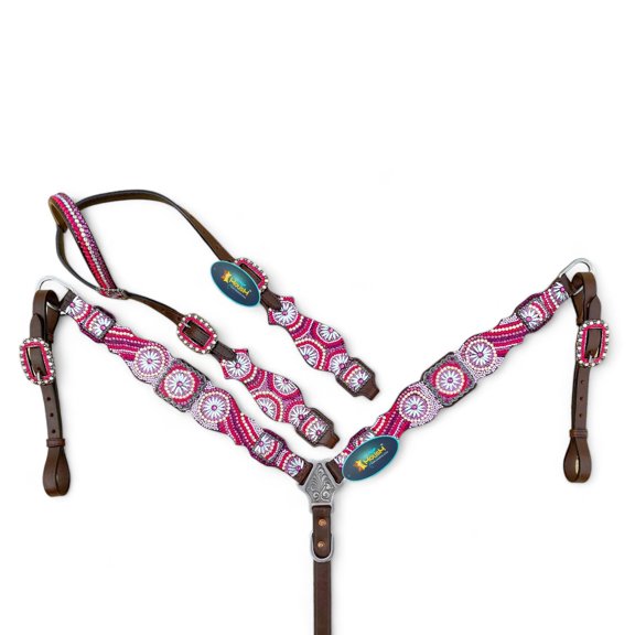MOUSM Genuine Argentina Cow Leather Western Horse Headstall & Breast Collar Set, Pink Rhinestone Floral Design, Crystal Conchos, Brown Leather