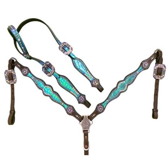 MOUSM Genuine Argentina Cow Leather Western One Ear Headstall & Breast Collar Set, Turquoise Croc Embossed Inlay, Crystal Rhinestone Horse Tack