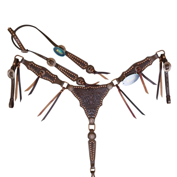 MOUSM Gladiator Style Western Leather Headstall and Breast Collar Tack Set with Brown Alligator Print, Copper Studs, and Sunburst Conchos