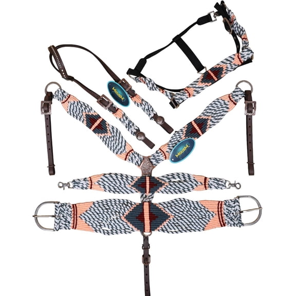 MOUSM Grey, White & Cream Mohair Western Headstall Tack Set with 32 Front Girth Complete 5-Piece Set on Argentina Leather Antique Copper Hardware Handcrafted