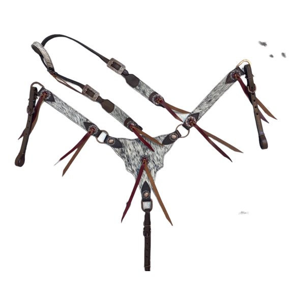 MOUSM One Ear Western Headstall & Breast Collar Set Natural Salt & Pepper Cowhide with String Concho Decor | Genuine Argentine Cow Leather