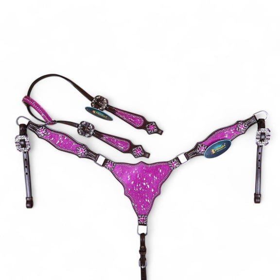 MOUSM Pink Silver Metallic Acid Wash Horse Tack Set - Genuine Argentina Leather One Ear Horse Bridle with Rhinestones - Ideal Christmas Horse Tack for Barrel Racing & Everyday Riding (Pink)