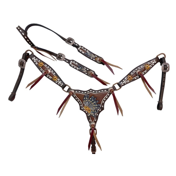 MOUSM Premium Argentina Cow Leather Headstall and Breast Collar Set with Sunflower Feather Design and String Conchos Western Tack for Horse Riding