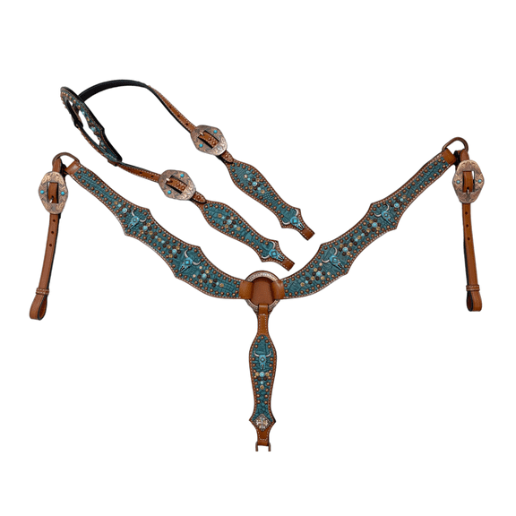 MOUSM Premium Argentina Cow Leather One Ear Headstall Bridle Breast Collar & Cheek Piece Set - Teal Alligator, Turquoise Bull Head Hardware, and Copper Studs Overlay for Horses
