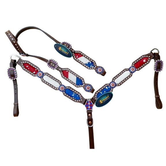 MOUSM Western Horse Headstall and Breast Collar Set, USA Flag Hair On Cowhide Tack Set, Handcrafted Genuine Leather with Crystal Conchos for Barrel Racing, Rodeo and Trail Riding