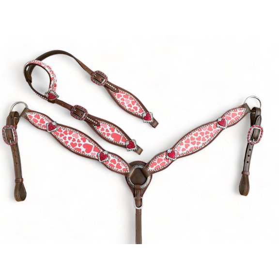 MOUSM  Valentine Day Western Headstall and Breast Collar Tack for The Horse, Printed Pink Heart Inlay with Heart Printed Concho