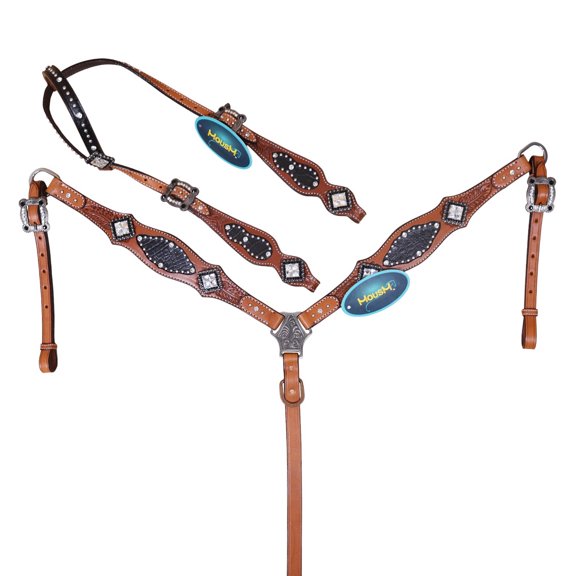 MOUSM Western Headstall & Breast Collar Tack Set Feather Carving with Black Alligator Inlay, Silver Studs & White Rhinestones, Clear Rhinestone Square Hardware, Chestnut Leather, Handcrafted