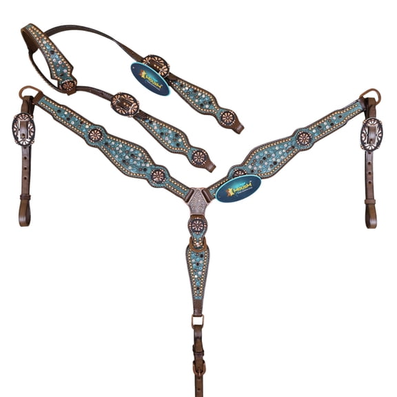 MOUSM Western Headstall and Breast Collar Tack Set | Turquoise AB Rhinestones, Copper Studs on Argentina Cow Leather | Durable & Stylish Equestrian Gear