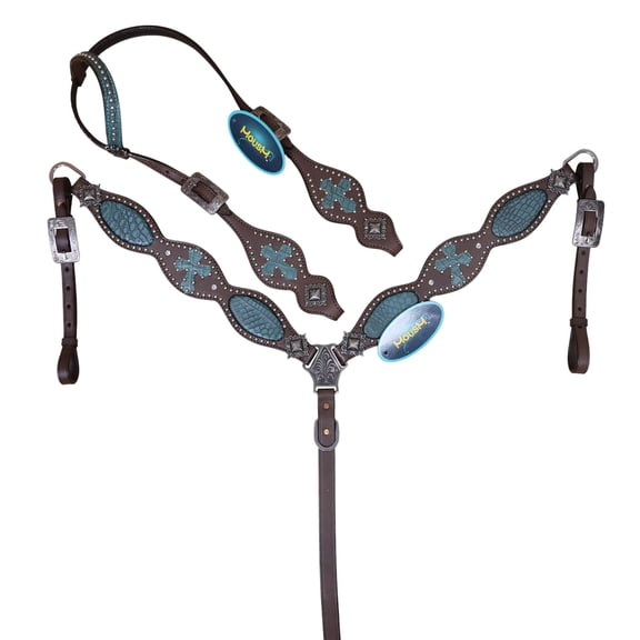 MOUSM Western Headstall & Breast Collar Tack Set Turquoise Alligator Inlay with Turquoise Cross, Silver Studs, Chestnut Leather, Full Horse, Handcrafted