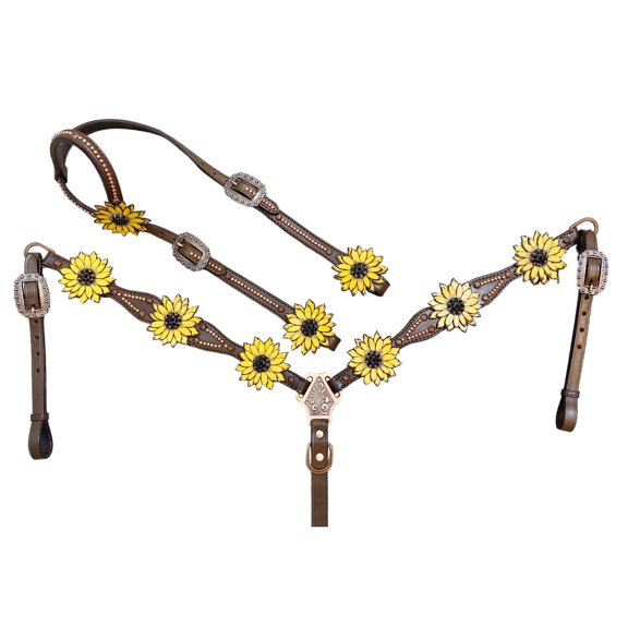 Western Headstall and Breast Collar tack Set for Horse Decorated with Copper Studs and Hand-Painted Laser Cut and Engraved Sunflower with Black Rhinestones Conchos in The Center
