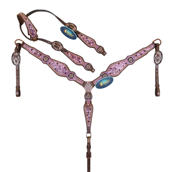 MOUSM Western Headstall and Breast Collar Tack Set | Pink AB Rhinestones, Copper Studs on Argentina Cow Leather | Perfect Valentines Day Gift