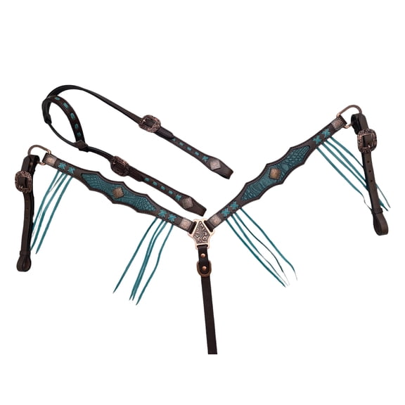 MOUSM Western Horse Headstall & Breast Collar Tack Set, Genuine Argentina Cow Leather, Turquoise Alligator Print Inlay, Rawhide Cross Stitch, Leather Fringe, Silver Conchos