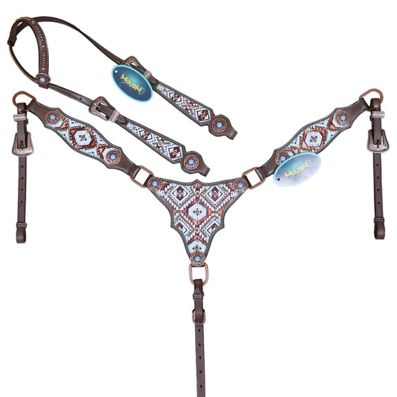 MOUSM Western Leather Headstall & Breast Collar Set  Genuine Argentina Cowhide, Copper Slot Conchos, Turquoise & Copper Embossed Aztec Print, Copper Studs, Antique Copper Hardware  Vintage Style